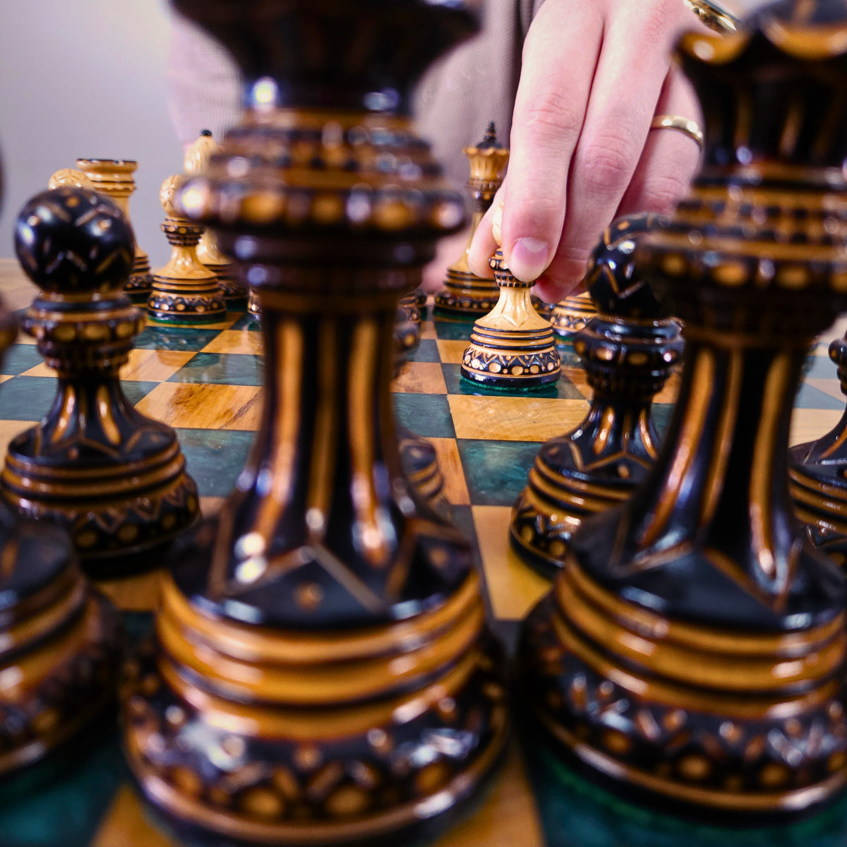 Another close up from detailed handcrafted luxury chess pieces with artisan detailing