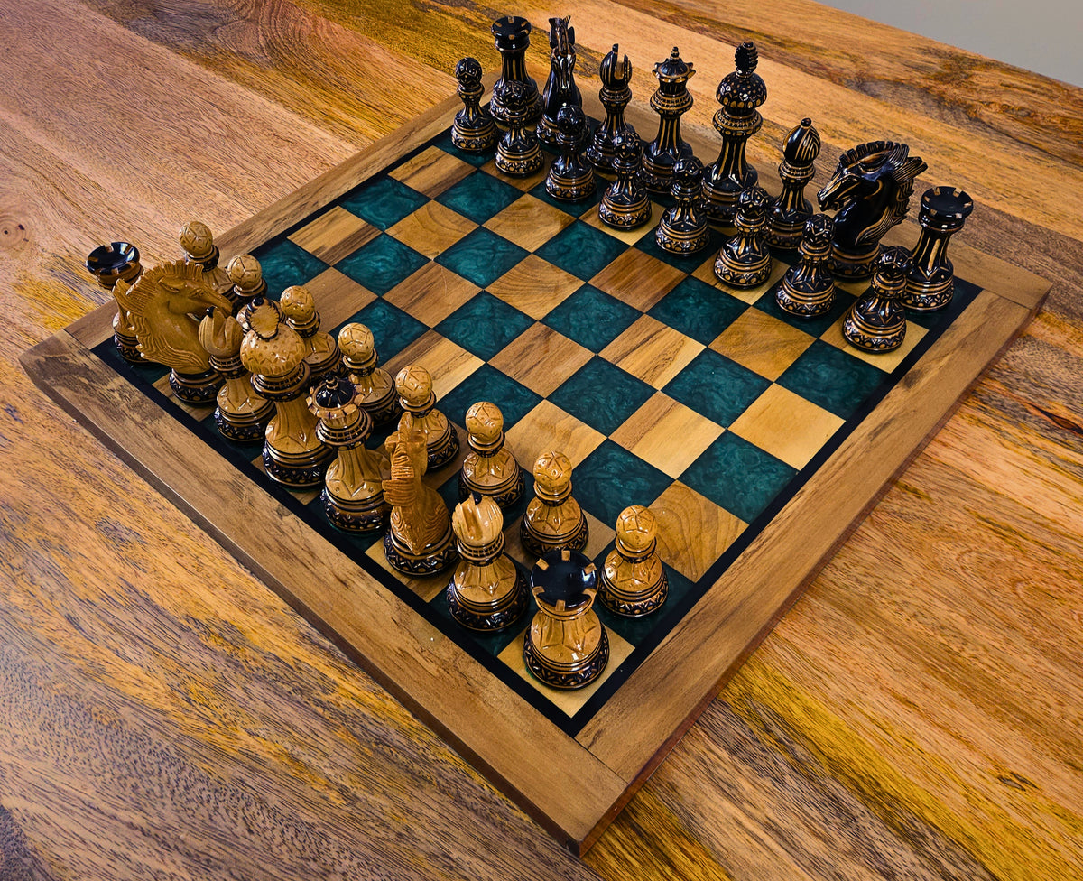Diagonal view of a handcrafted designer chess set with luxury artisan detailing