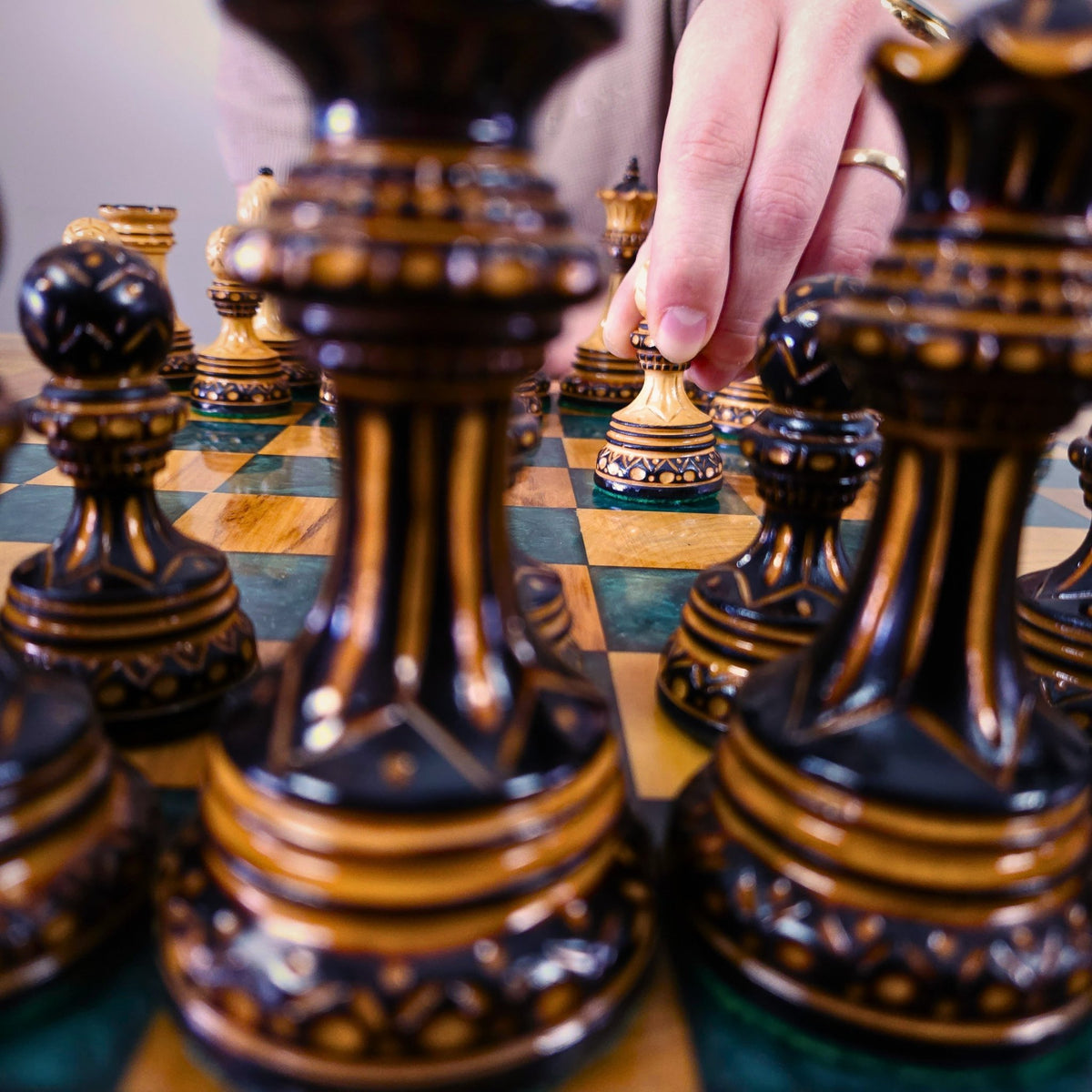 Another close up from detailed handcrafted luxury chess pieces with artisan detailing